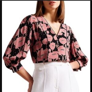 Ted Baker Black Shephii Floral-Print Lace Trim Crepe Blouse